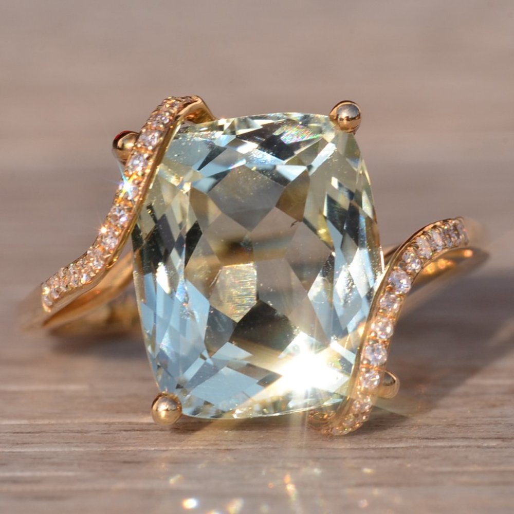 Effy Signed Praisiolite and Natural Diamond Ring in Yellow Gold